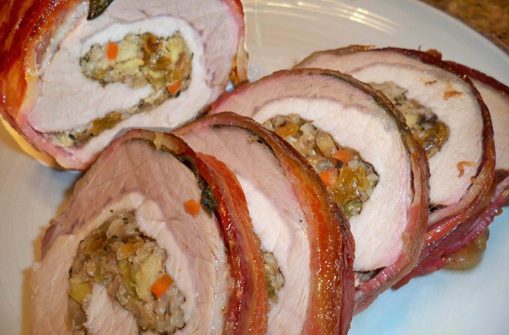 Bacon Wrapped Pork Loin Stuffed with Walnuts and Rice