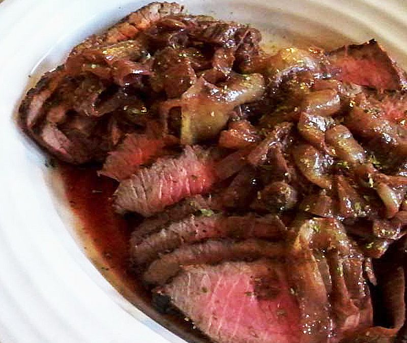 Grilled London Broil with Drunken Onions