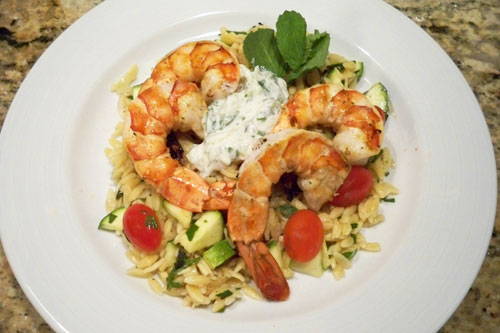 Grilled Shrimp with Minty Orzo Salad and Tzatziki