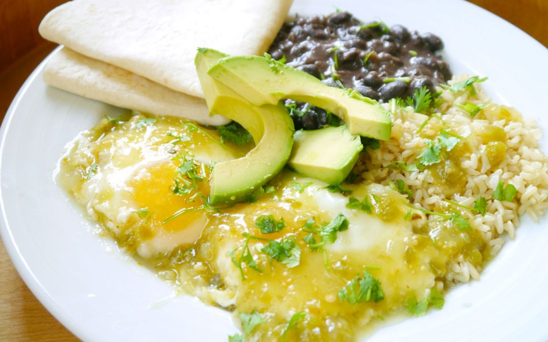 Salsa Verde Poached Eggs with Black Beans and Rice