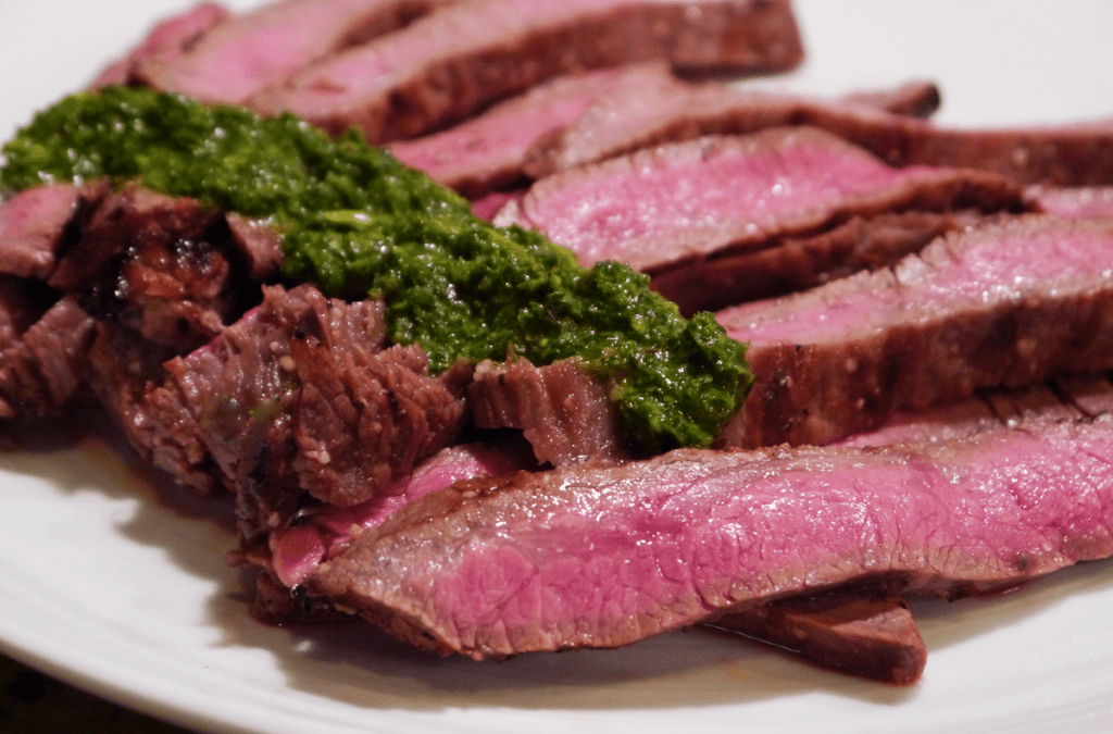 Marinated Flat Iron Steak with Kale and Basil Sauce