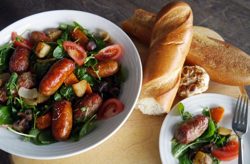 Roasted Sausage and Mushrooms with Watercress Salad