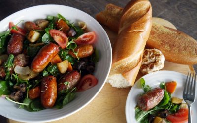 Roasted Sausage and Mushrooms with Watercress Salad