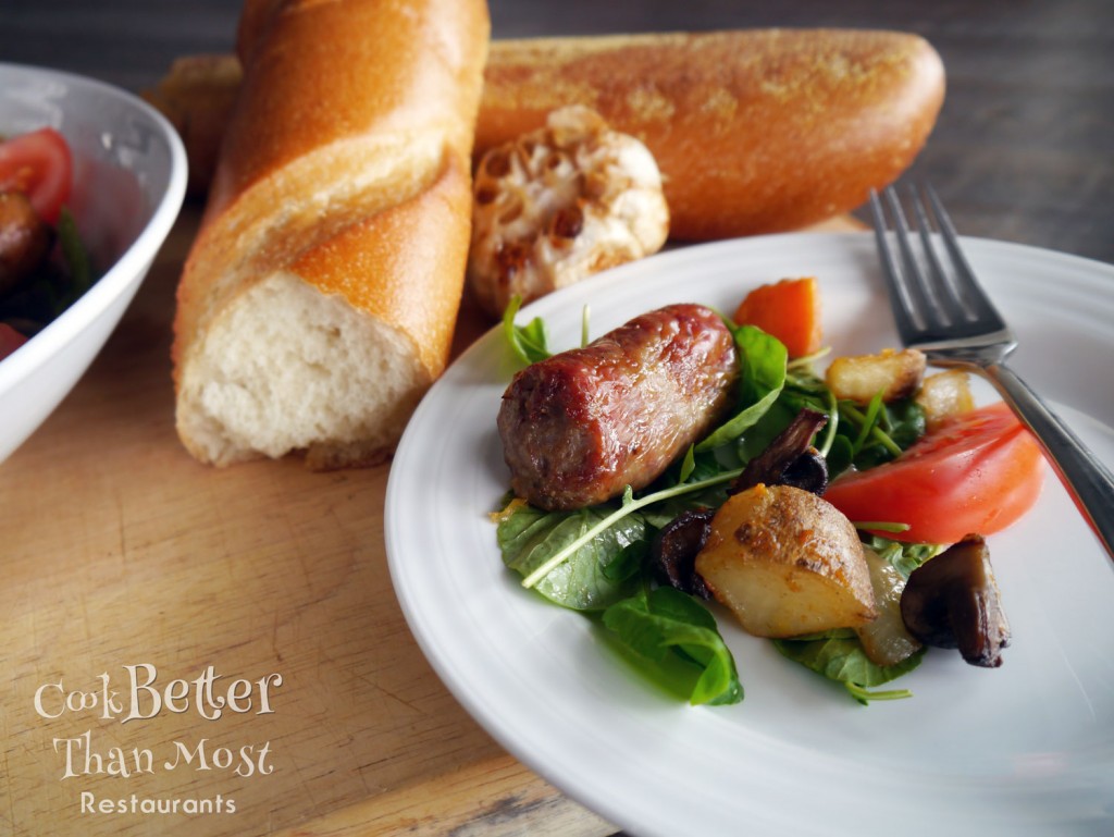 Roasted Sausage and Mushrooms with Watercress Salad